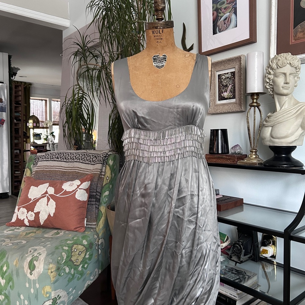 MOSCHINO Vintage Silver Fringe Beaded Silk Cocktail Dress